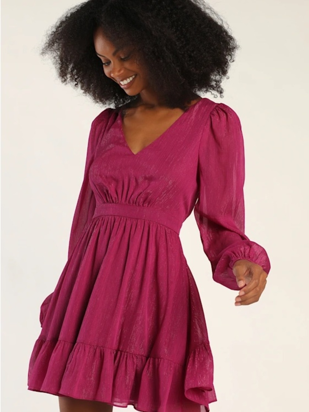 New small Lulu's Fuchsia V-Neck Puff Sleeve Mini Dress